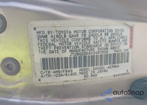 2000 Toyota Camry Le z USA, uszkodzony, nr VIN JT2BG22K4Y0497895